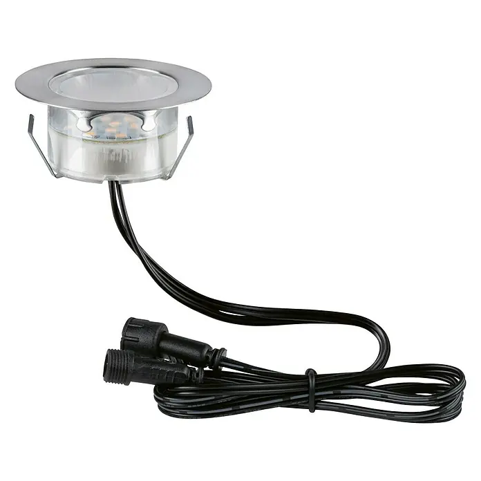 Paulmann Link & Light Bodeneinbauleuchte - 1,5 W, Silber - Nahaufnahme einer silbernen LED-Einbauleuchte mit Kabeln und Anschlüssen vor einem schwarzen Hintergrund.