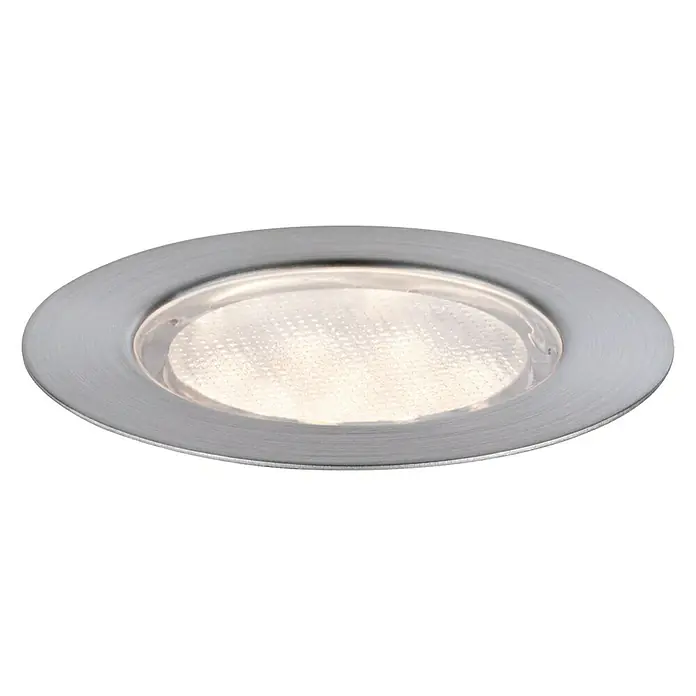 Paulmann Bodeneinbauleuchte Link & Light - 1,8 W, Silber - Nahaufnahme einer LED-Deckenleuchte mit gebürstetem Chromrahmen, die ein helles, warmes Licht ausstrahlt und eine moderne Beleuchtungslösung darstellt.