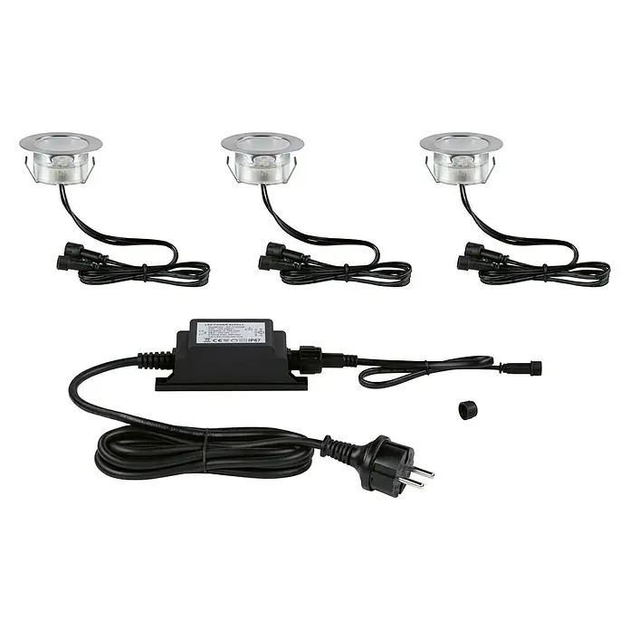 Paulmann Link & Light Bodeneinbauleuchte - 1,5 W, Silber - Eine Nahaufnahme eines Sets von drei runden LED-Bodeneinbaustrahlern, einem Netzteil und einem Stecker für den Außenbereich.