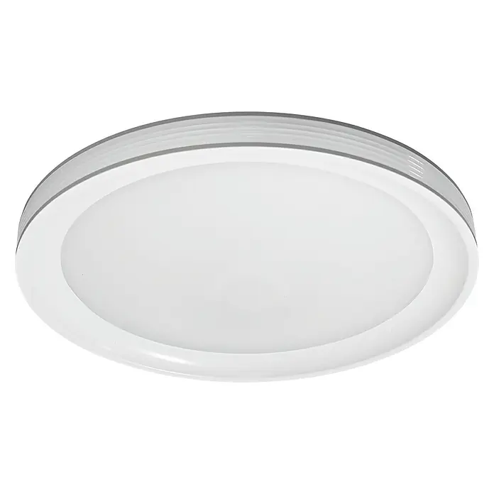 Ledvance Smart+ WiFi LED-Deckenleuchte rund Ceiling Frame - Ø x H: 495 x 83 mm, Weiß - Nahaufnahme einer modernen runden LED-Deckenleuchte mit weißem Diffusor und silbernem Rahmen auf schwarzem Hintergrund.