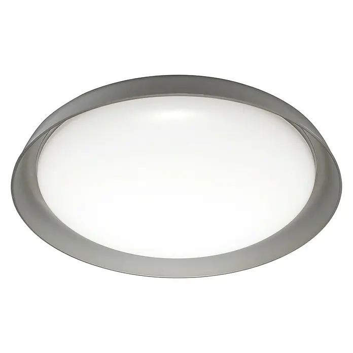 Ledvance Smart+ WiFi LED-Deckenleuchte rund Ceiling Plate - 26 W, Ø x H: 430 x 70 mm, Grau - Nahaufnahme einer runden, modernen Deckenleuchte mit einem grauen Rahmen und einer weißen, diffusen Lichtquelle.