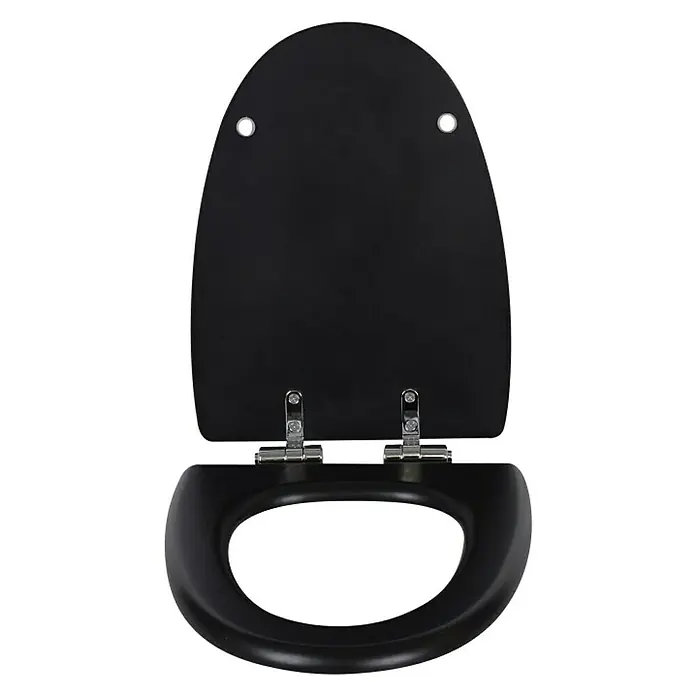 Camargue Mistral WC-Sitz - MDF, Schwarz, Mit Absenkautomatik - Schwarzer Toilettensitz mit verchromten Scharnieren, ideal für moderne Badezimmer. Der Sitz bietet Komfort und ist leicht zu reinigen.