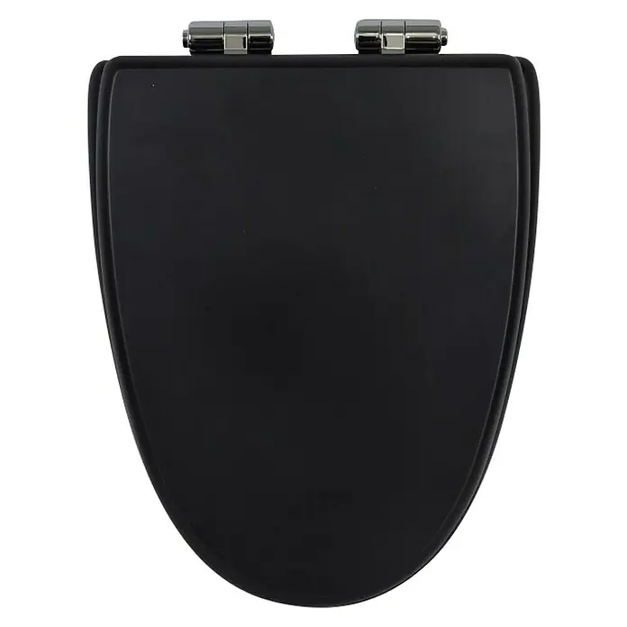 Camargue Mistral WC-Sitz - MDF, Schwarz, Mit Absenkautomatik - Schwarzer Toilettensitz mit Chrombeschlägen, ideal für moderne Badezimmer. Das elegante Design passt perfekt zu zeitgenössischen Einrichtungen.