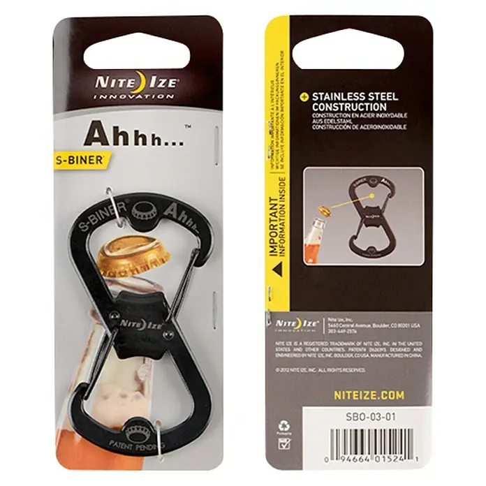 Nite Ize Mosquetón doble S-Biner - An x L: 50 x 80 mm, Acero inoxidable, Negro, 1 ud. - Nite Ize Ahhh... S-Biner: Un mosquetón de acero inoxidable con función de abridor de botellas, perfecto para usar sobre la marcha.