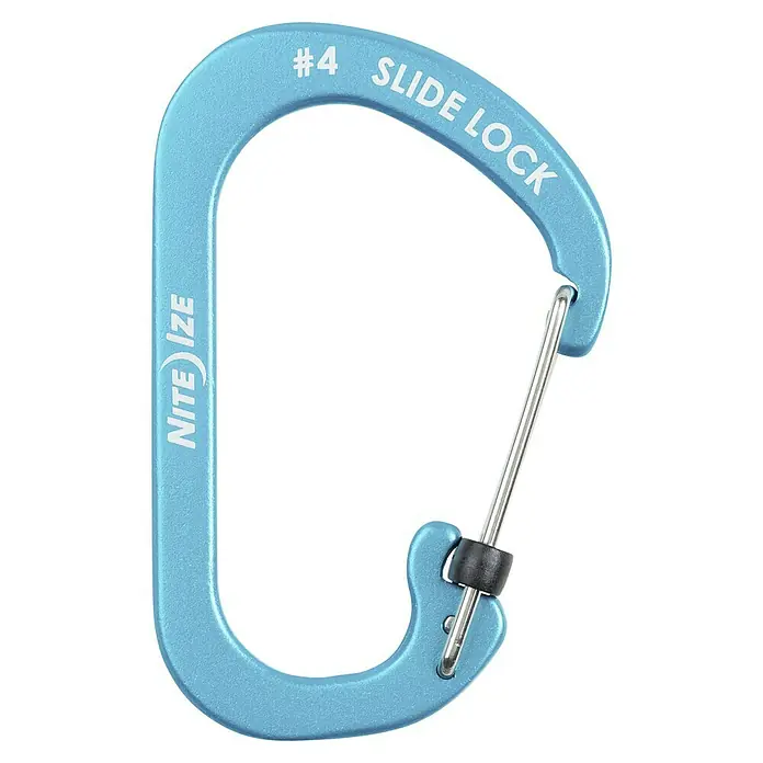 Nite Ize Mosquetón Slide Lock - 81 x 52 mm, Carga soportada: 33 kg - Primer plano de un mosquetón Nite Ize SlideLock #4 azul claro, ideal para sujetar objetos de forma segura.