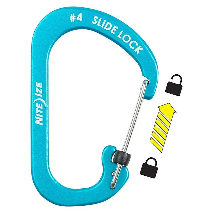 Nite Ize Mosquetón Slide Lock - 81 x 52 mm, Carga soportada: 33 kg - Primer plano de un mosquetón azul Nite Ize SlideLock.
