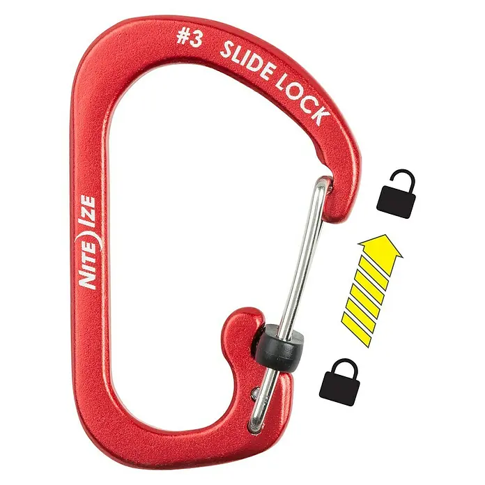 Nite Ize Mosquetón Slide Lock - 58 x 38 mm, Carga soportada: 11 kg - Mosquetón rojo Nite Ize Slide Lock #3, una herramienta versátil y segura para organizar y conectar objetos.