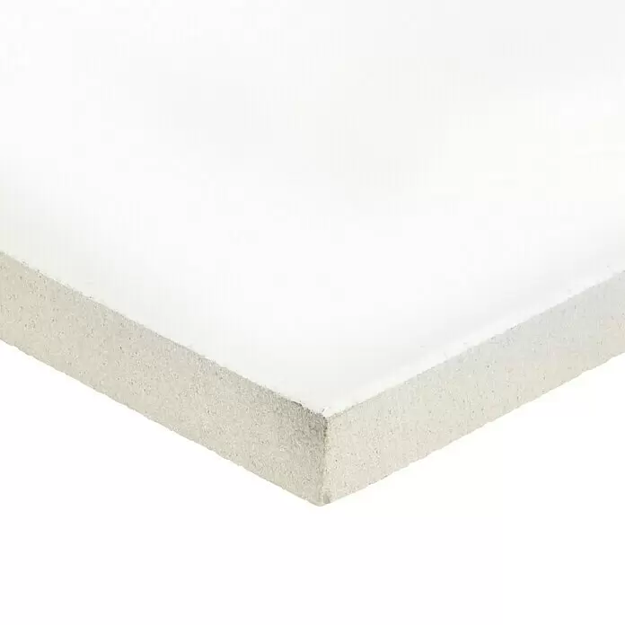 Wandfliese Objekt - 30 x 60 cm, Weiß, Matt - Eckansicht einer weißen Bauplatte mit hellgrauer, texturierter Kante.