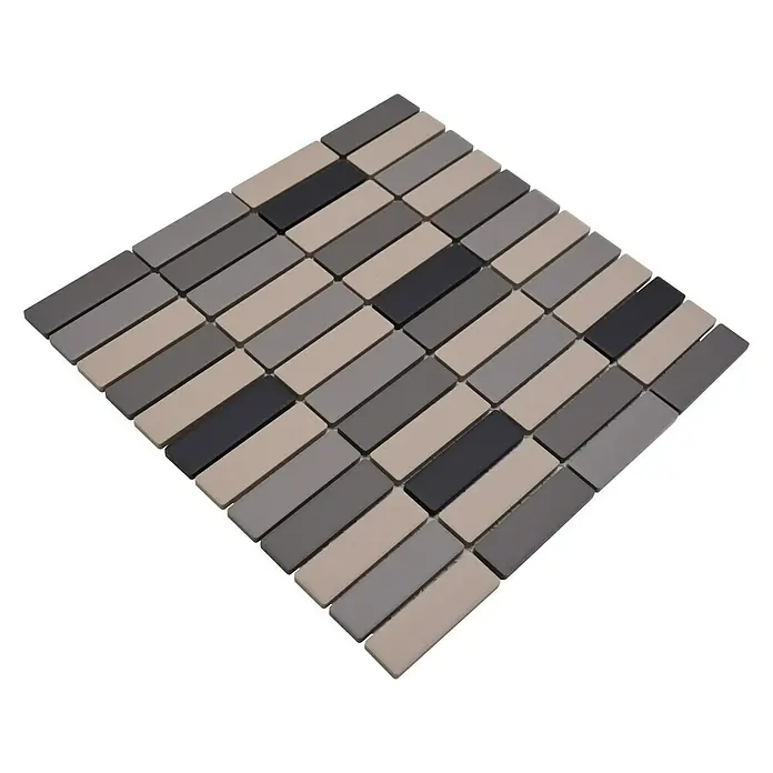 Mosaikfliese Stäbchen Mix CU ST 011 - 29,7 x 29 cm, Grau/Beige, Matt - Nahaufnahme eines Mosaikfliesenmusters in Grau- und Beigetönen, ideal für moderne Raumgestaltungen.
