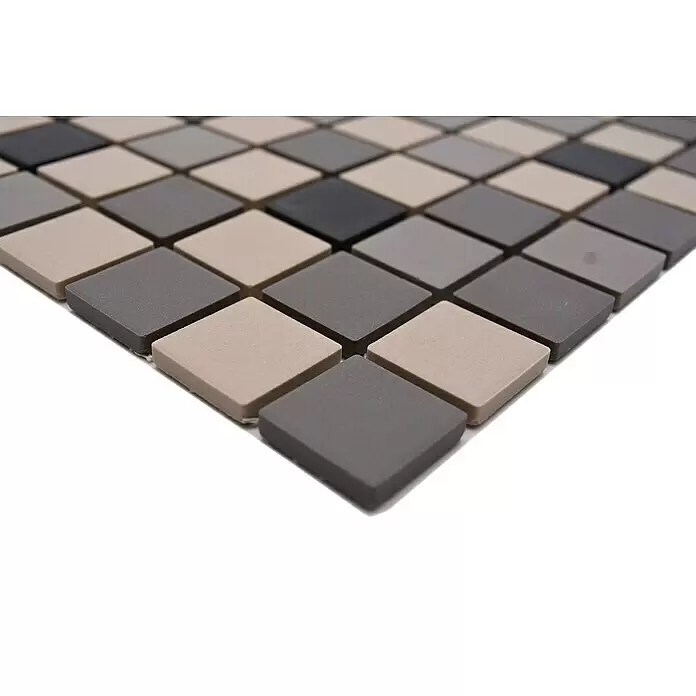 Mosaikfliese Quadrat Mix CU 010 - 32,6 x 30 cm, Beige/Braun, Matt - Matte quadratische Mosaikfliesen in Grau-, Beige- und Schwarztönen, im Rastermuster angeordnet.