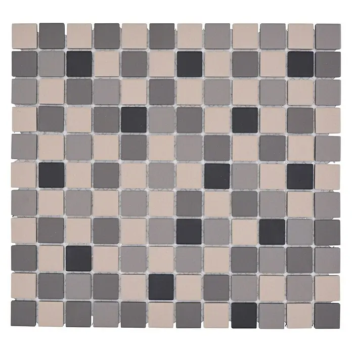 Mosaikfliese Quadrat Mix CU 010 - 32,6 x 30 cm, Beige/Braun, Matt - Quadratisches Mosaikfliesenmuster in Grau-, Beige- und Schwarztönen, ideal für stilvolle Innenraumgestaltung.\n