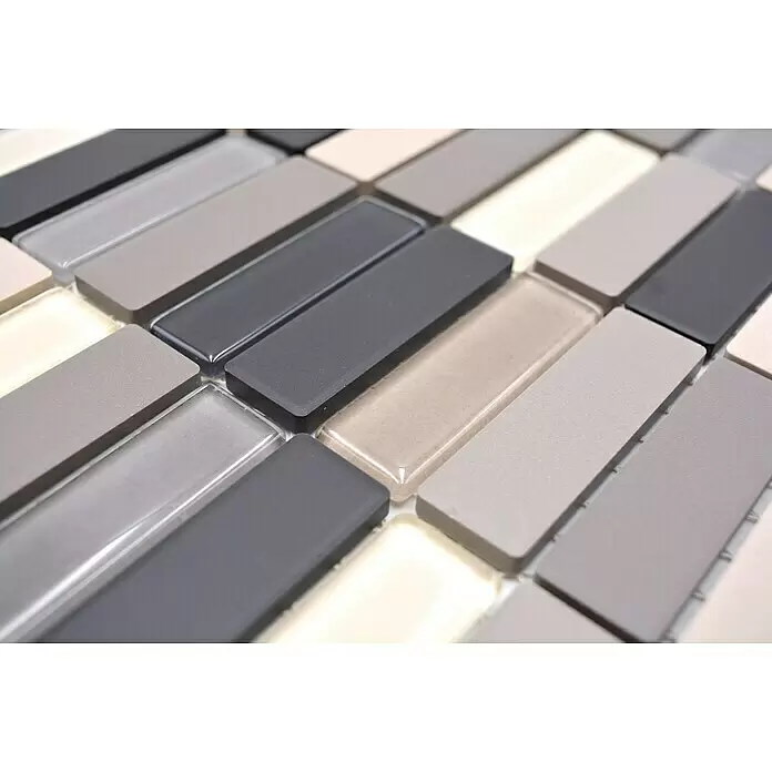 Mosaikfliese Stäbchen Mix CU ST G61 - 29,7 x 29 cm, Beige/Grau, Matt - Rechteckige Mosaikfliesen in verschiedenen Grau- und Beigetönen mit matter und glänzender Oberfläche.