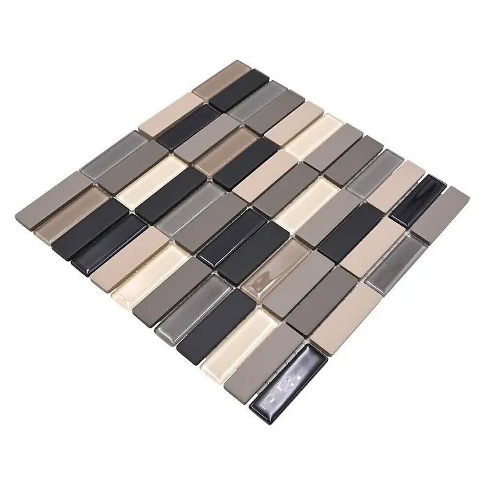Mosaikfliese Stäbchen Mix CU ST G61 - 29,7 x 29 cm, Beige/Grau, Matt - Keramik-Mosaikfliesen in verschiedenen Grautönen und Beige, rechteckig angeordnet, für stilvolle Wand- oder Bodengestaltung.
