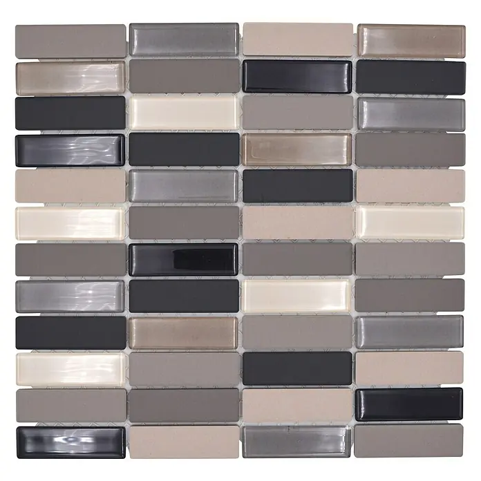 Mosaikfliese Stäbchen Mix CU ST G61 - 29,7 x 29 cm, Beige/Grau, Matt - Ein quadratisches Mosaikmuster mit rechteckigen Fliesen in verschiedenen Grau-, Beige- und Schwarztönen, ideal für moderne Inneneinrichtungen.
