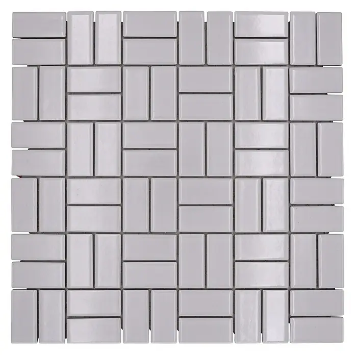 Mosaikfliese Windmühle Uni CWM 7WG - 29,8 x 29,8 cm, Weiß, Glänzend - Ein quadratisches Muster aus weißen, rechteckigen Mosaikfliesen, ideal für stilvolle Wand- und Bodengestaltungen mit minimalistischem Flair.