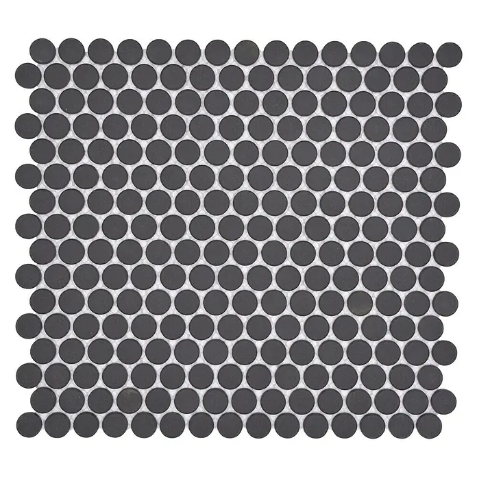 Mosaikfliese Knopf Uni CU K289 - 31,5 x 29,4 cm, Schwarz, Matt - Das Bild zeigt eine quadratische Matte aus grauen Penny-Rundfliesen, die eng aneinander liegen und ein einheitliches Muster bilden.