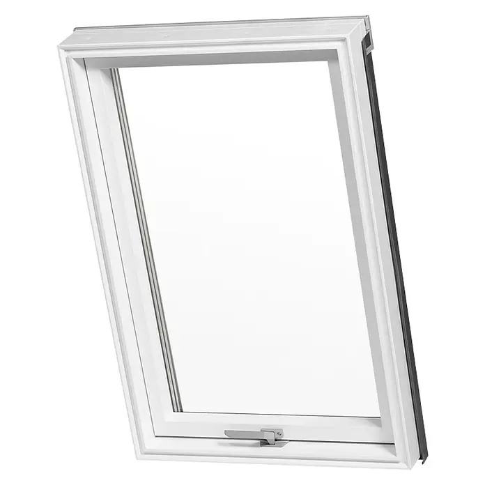 Solid Elements Dachfenster Pro Thermo - 55 x 78 cm - Ein weißes Dachfenster mit Griff ist im Bild zu sehen. Das Fenster ist rechteckig und hat einen weißen Rahmen.