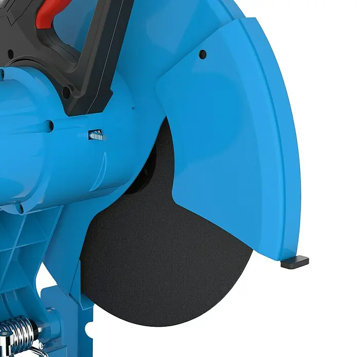 Güde Trennschneider - 2.200 W, Durchmesser Sägeblatt: 355 mm, Leerlaufdrehzahl: 4.200 U/min - Nahaufnahme einer blauen Metallsäge mit schwarzer Trennscheibe, die sich ideal zum Schneiden von Metall eignet.