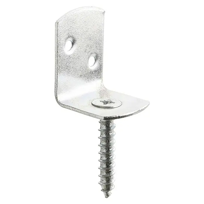 Stabilit Flechtzaunbeschlag - 28 x 30 x 38 mm - Nahaufnahme einer silbernen Winkelstütze mit Schraube, ideal für Befestigungen und Heimwerkerprojekte.