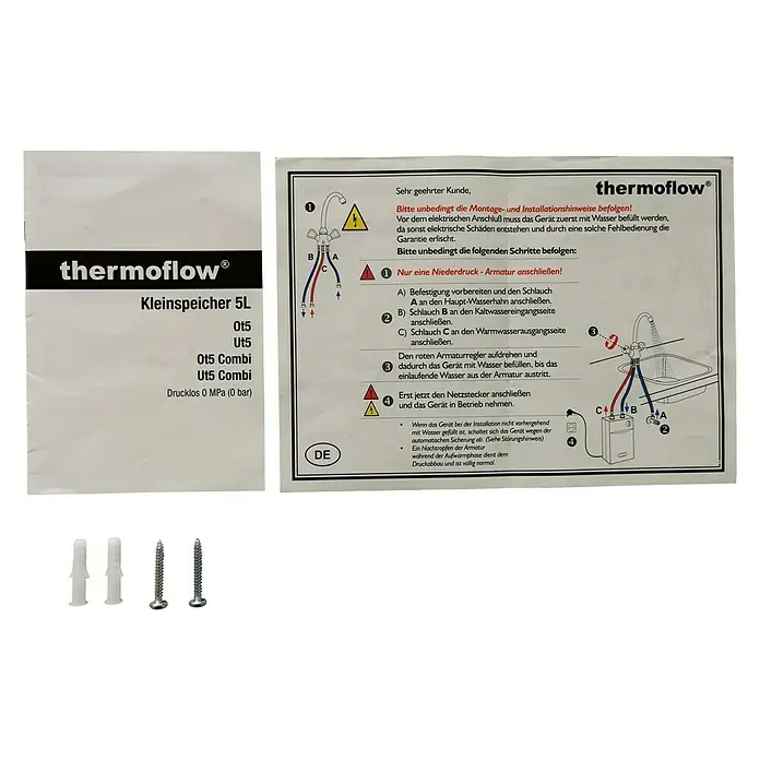 Thermoflow Warmwasserspeicher UT 5 N - 5 l, Untertischmontage - Anleitung für den 5L Kleinspeicher von Thermoflow mit Montagematerial, um den Warmwasserbereiter korrekt zu installieren und Schäden zu vermeiden.