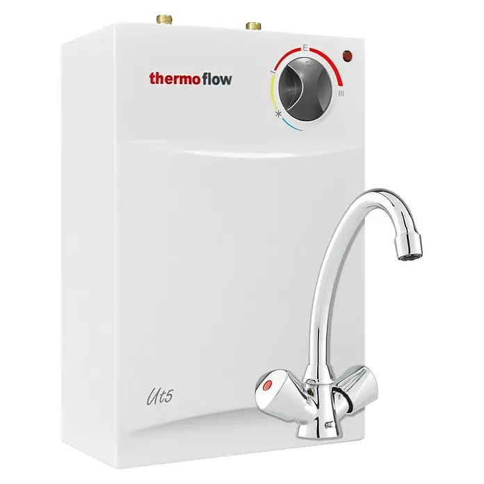 Thermoflow Warmwasserspeicher UT 5 mit Armatur - 5 l, 2.000 W, Temperaturbereich: 35 °C - 75 °C, Untertischmontage, Armatur - Abbildung eines Thermoflow UT5 Warmwasserbereiters mit Armatur, ein kompakter und effizienter Wassererhitzer für den Hausgebrauch.