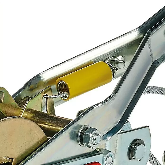 Einhell Handhebelseilzug TC-LW 1000 - Tragkraft: 1.000 kg - Verzinkter Stahl-Seilzugmechanismus mit gelber Feder, Zahnräder und Stahlseil zeigend.