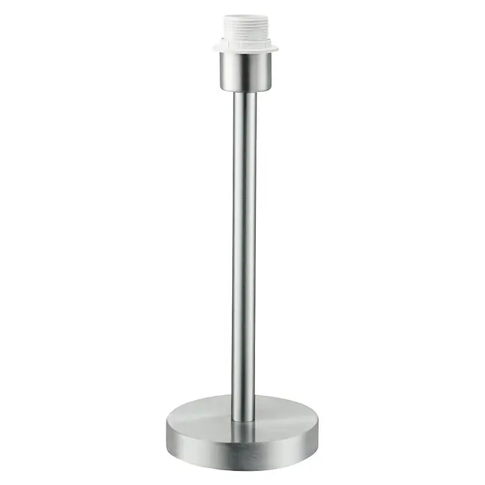 Home Sweet Home Lampenfuß Stick - 40 W, Farbe: Stahl matt, Höhe: 39 cm - Das Bild zeigt eine moderne Tischleuchte mit einem silberfarbenen Metallsockel, einer schlanken Stange und einer weißen Fassung.