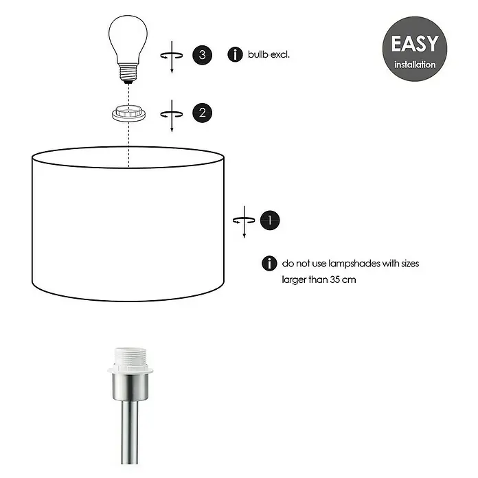 Home Sweet Home Lampenfuß Stick - 40 W, Farbe: Stahl matt, Höhe: 39 cm - Eine schematische Darstellung einer Lampenmontageanleitung, die die Reihenfolge der Schritte mit dem Lampenschirm zeigt.