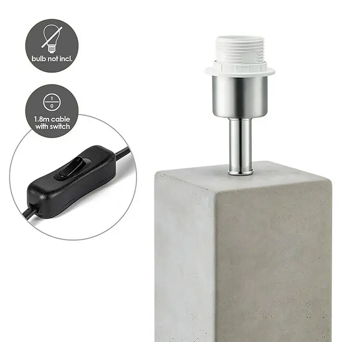 Home Sweet Home Lampenfuß Pillar - 40 W, Farbe: Beton, Höhe: 32 cm - Nahaufnahme einer modernen Beton-Tischleuchte mit einem Schalter am Kabel und einer Fassung ohne Leuchtmittel.