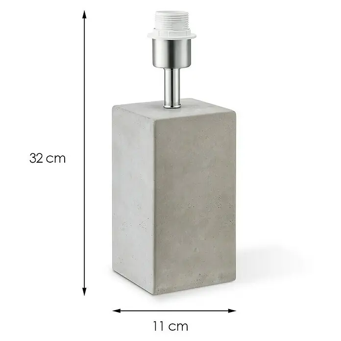 Home Sweet Home Lampenfuß Pillar - 40 W, Farbe: Beton, Höhe: 32 cm - Produktbild einer modernen Tischleuchte mit einem grauen Betonsockel und einem silberfarbenen Lampenhalter. Die Maße sind 32 cm Höhe und 11 cm Breite.