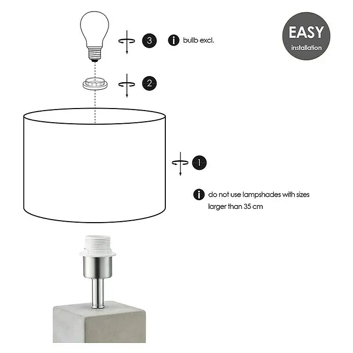 Home Sweet Home Lampenfuß Pillar - 40 W, Farbe: Beton, Höhe: 32 cm - Anleitung zum Zusammenbau einer Lampe mit Lampenschirm und Hinweisen zur Montage und zur Verwendung der Glühbirne.
