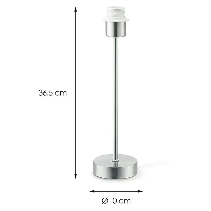 Home Sweet Home Lampenfuß Single - 40 W, Farbe: Stahl matt, Höhe: 37 cm - Das Bild zeigt eine Tischleuchte mit silberfarbenem Metallsockel, Lampenfuß und Gewinde. Die Höhe beträgt 36,5 cm, der Durchmesser des Sockels 10 cm.