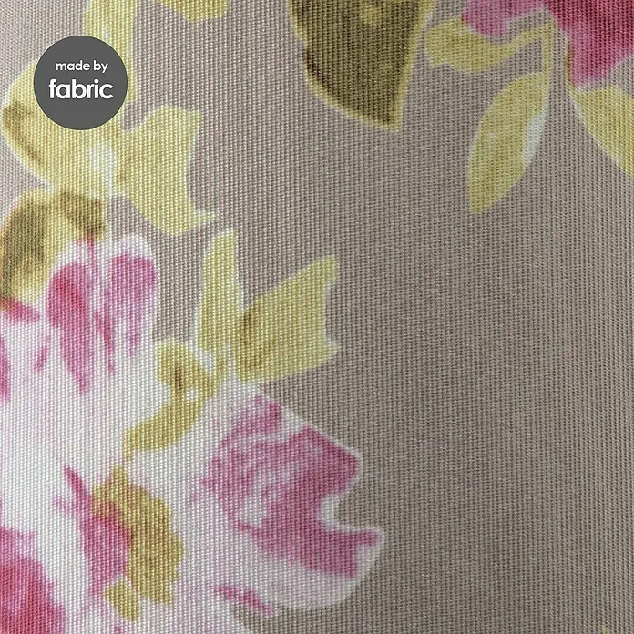 Home Sweet Home Lampenschirm Blumen - Ø x H: 20 x 13 cm, Grau, Bunt, Baumwolle, Rund - Nahaufnahme des Textildesigns mit floralen Mustern in Rosa und Gelb auf einem strukturierten, braunen Hintergrund.