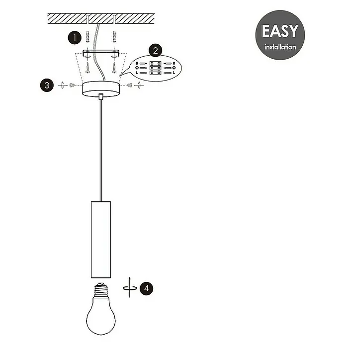 Home Sweet Home Pendelleuchte Billy - Höhe: 130 cm - Illustration einer einfachen Lampeninstallation mit nummerierten Schritten für eine problemlose Einrichtung.