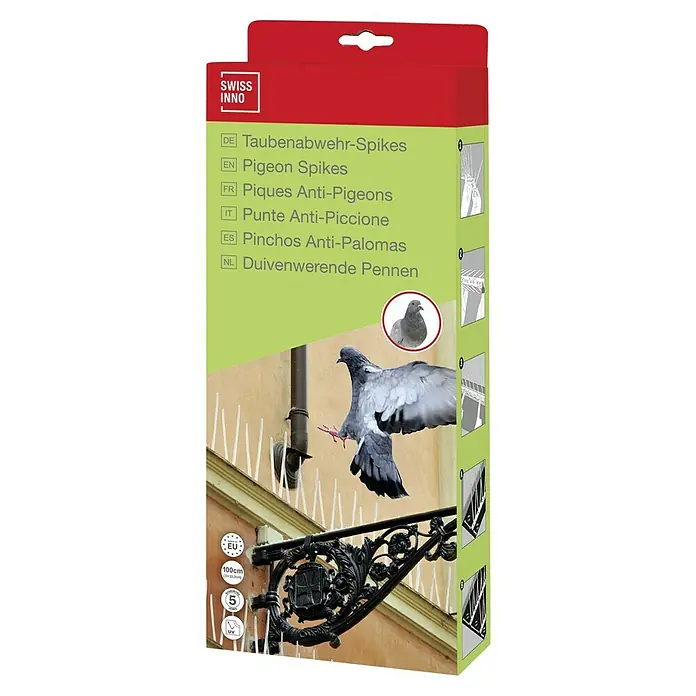 Swissinno Natural Control Taubenabwehr-Spikes - Länge: 100 cm, 3 Streifen - Produktverpackung mit Taubenabwehrspikes, um Vögel fernzuhalten und Gebäude sauber zu halten.