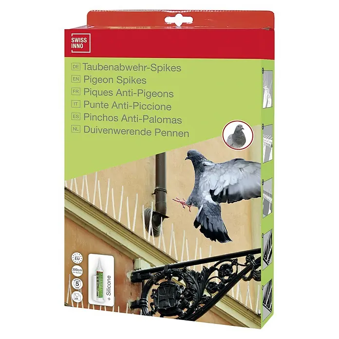 Swissinno Natural Control Taubenabwehr-Spikes - Länge: 300 cm, 9 Streifen, inkl. Kleber - Produktverpackung für Taubenabwehr-Spikes von Swiss Inno mit mehrsprachigen Beschreibungen und einer Abbildung der Anwendung.