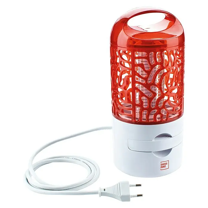 Swissinno Insektenvernichter LED - 10 W, Wirkungsbereich: 40 m² - Eine elektronische Insektenfalle von Swiss Inno, weiß und rot, mit Stromkabel und Stecker. Sie dient zur Bekämpfung von Mücken und anderen Insekten.