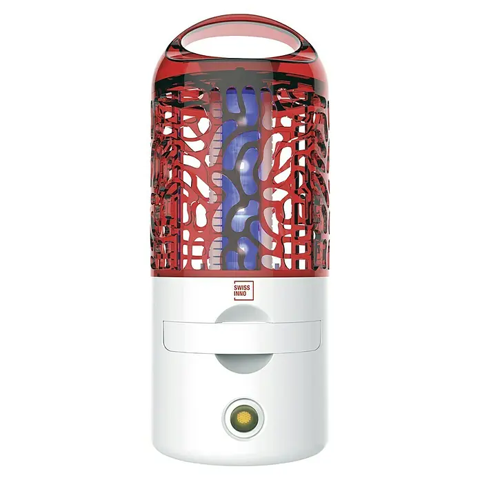 Swissinno Insektenvernichter LED - 4 W, Wirkungsbereich: 20 m² - Nahaufnahme eines Swiss Inno Insektenvernichters, der Insekten mit UV-Licht anlockt und durch einen Ventilator fängt. Ideal für Haus und Garten.