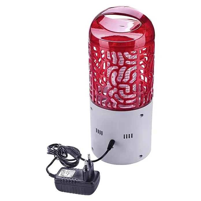 Swissinno Insektenvernichter LED - 4 W, Wirkungsbereich: 20 m² - Aufnahme einer elektronischen Mückenfalle mit rotem Gitter und weißem Sockel, komplett mit Netzkabel und Stecker.