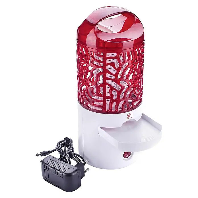 Swissinno Insektenvernichter LED - 4 W, Wirkungsbereich: 20 m² - Nahaufnahme eines Swiss Inno Moskito- und Insektenvernichters mit rotem Gehäuse und Netzkabel.