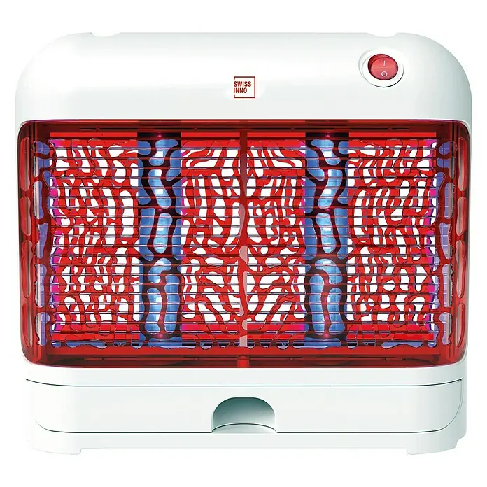 Swissinno Insektenvernichter LED - 24 W, Wirkungsbereich: 80 m² - Nahaufnahme eines Swiss Inno Insektenvernichters in Weiß und Rot mit blauen UV-Lichtern zur Insektenbekämpfung.