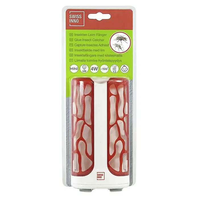 Swissinno Insektenfänger - 4 W, Wirkungsbereich: 15 m² - Bild einer Packung Swiss Inno Insektenleim-Fänger, ein Mini-Insektenfänger mit LED-Licht, der bis zu 15 m² abdeckt und mit Klebestreifen arbeitet.