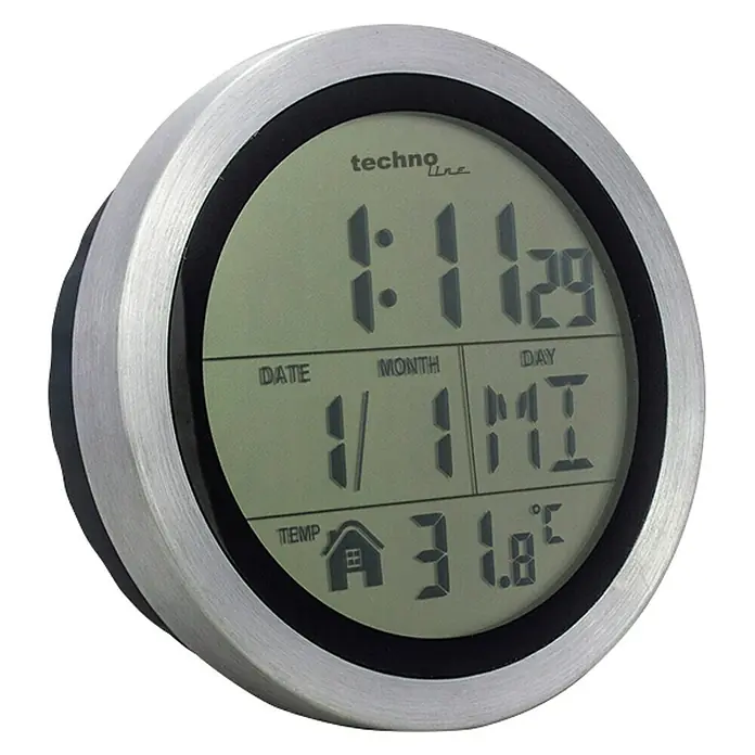 Technoline Wanduhr rund WT 3005 - Silber/Schwarz, Durchmesser: 14,7 cm - Das Technoline Wanduhr-Thermometer mit digitaler Anzeige für Zeit, Datum und Temperatur in Silber ist ein modernes Accessoire.