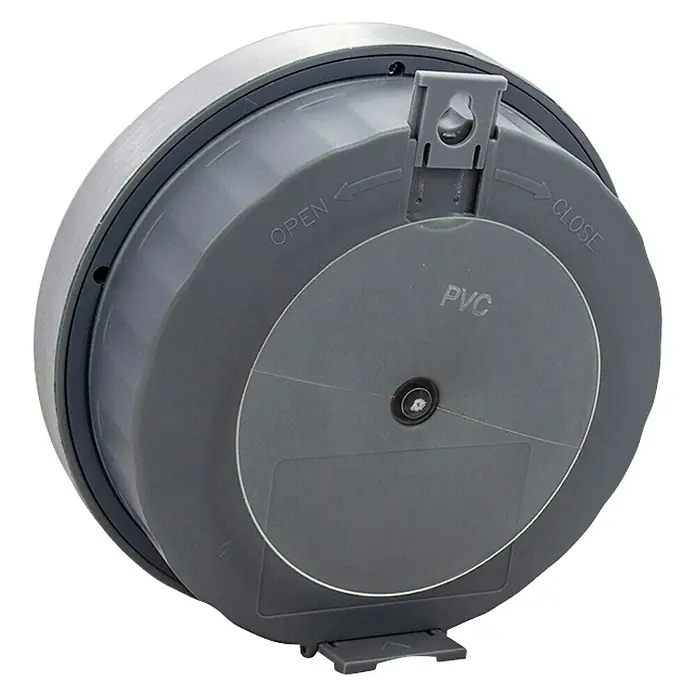 Technoline Wanduhr rund WT 3005 - Silber/Schwarz, Durchmesser: 14,7 cm - Bild eines grauen, runden PVC-Papierhandtuchspenders. Ideal für Badezimmer und Waschräume.