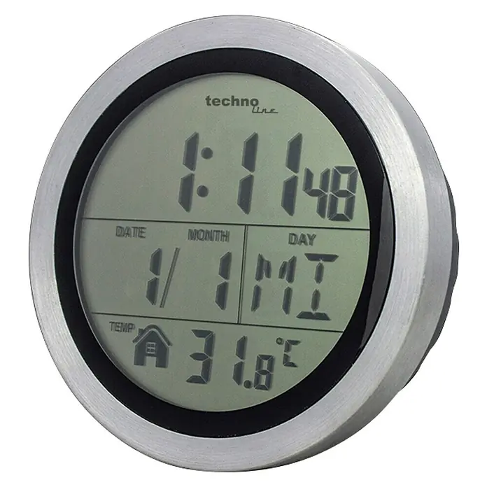 Technoline Wanduhr rund WT 3005 - Silber/Schwarz, Durchmesser: 14,7 cm - Digitale TechnoLine Wanduhr mit Anzeige von Uhrzeit, Datum, Temperatur und Wochentag für den Innenbereich.