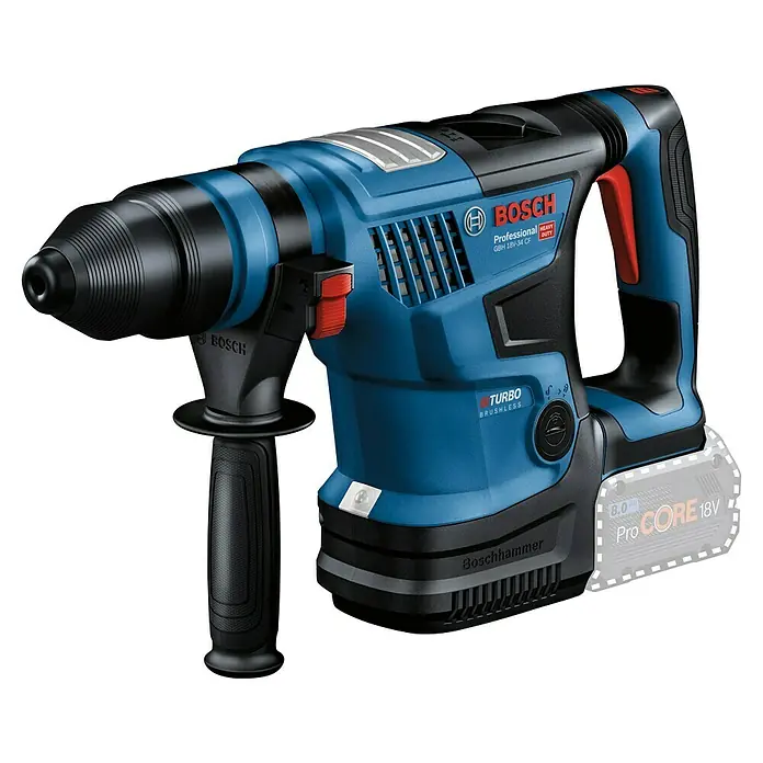 Bosch Professional AMPShare 18V Akku-Kombihammer 18V-34 CF - 18 V, Ohne Akku, 5,8 J - Das Bild zeigt einen Akku-Bohrhammer Bosch GBH 18V-34 CF Professional mit einem 8.0 Ah ProCORE 18V Akku auf einem schwarzen Hintergrund.