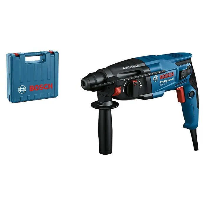 Bosch Professional Kombihammer GBH 2-21 - 720 W, 2 J, SDS-Plus-Aufnahme, Inkl. Koffer - Abbildung eines Bosch Professional GBH 2-21 Bohrhammers und seinem Koffer. Ein robustes Werkzeug für anspruchsvolle Bauprojekte.