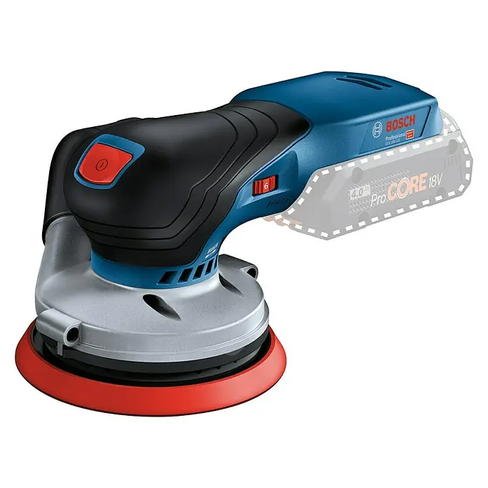 Bosch Professional AMPShare 18V Akku-Exzenterschleifer GEX 18V-125 - 18 V, Ohne Akku, Durchmesser Schleifteller: 125 mm, Kunststoffkoffer - Akku-Exzenterschleifer von Bosch Professional mit rotem Schleifteller, schwarzem Griff und blauem Gehäuse.