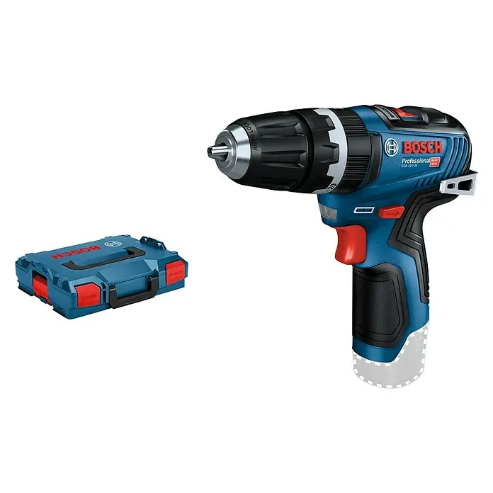 Bosch Professional Akku-Schlagbohrschrauber GSB 12V-35 Solo - 12 V, Ohne Akku - Abbildung eines blauen Bosch Professional GSB 12V-35 Akku-Bohrschraubers neben einer blauen Bosch Werkzeugkiste auf schwarzem Hintergrund.
