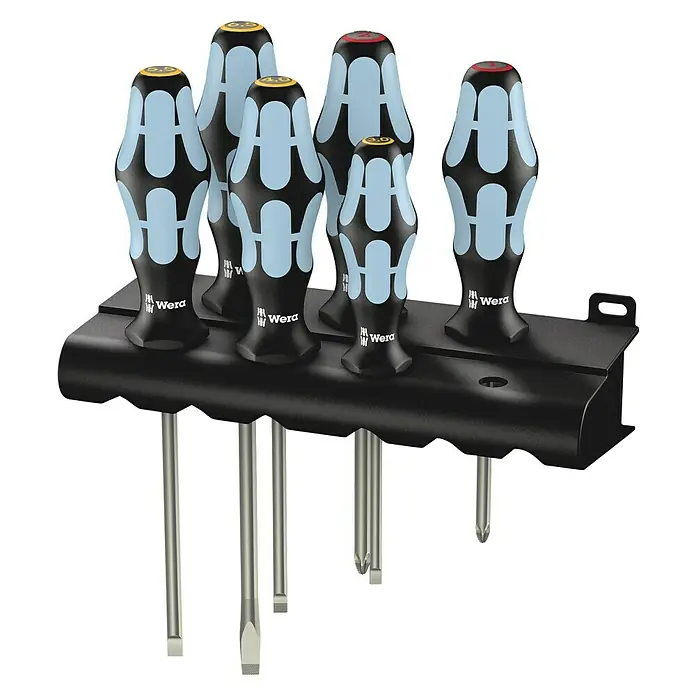 Wera Schraubendreher-Set Kraftform Stainless 3334/6 - 6 -tlg. - Set mit Wera Kraftform Plus Schraubendrehern in Halterung. Ergonomische Griffe und hochwertige Klingen für präzises Schrauben.